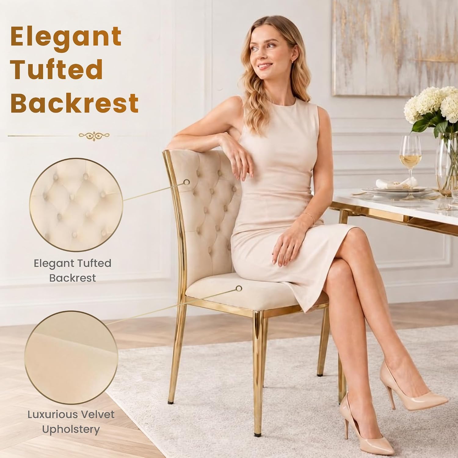 Velvet Dining Chairs Set of 4, Modern Kitchen Chair with Gold Metal Legs, Luxury Upholstered Tufted Dining Room Chairs for Home, Apartment, Living Room - Beige