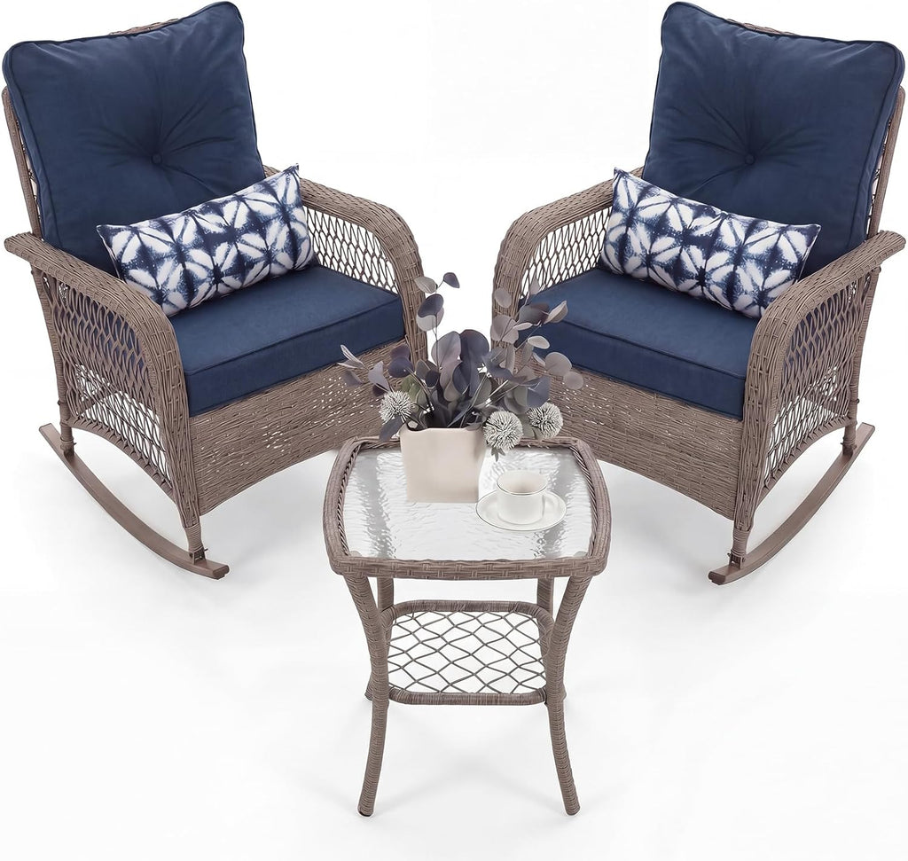 UDPATIO Rocking Chair Outdoor Set 2 with Coffee Table, 3 Piece Wicker Rocking Bistro Set with 4" Water-Resistant Cushions, Oversized, 350lbs Heavy-Duty, for Porch, Patio, Balcony, Brown/Navy