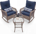 UDPATIO Rocking Chair Outdoor Set 2 with Coffee Table, 3 Piece Wicker Rocking Bistro Set with 4" Water-Resistant Cushions, Oversized, 350lbs Heavy-Duty, for Porch, Patio, Balcony, Brown/Navy