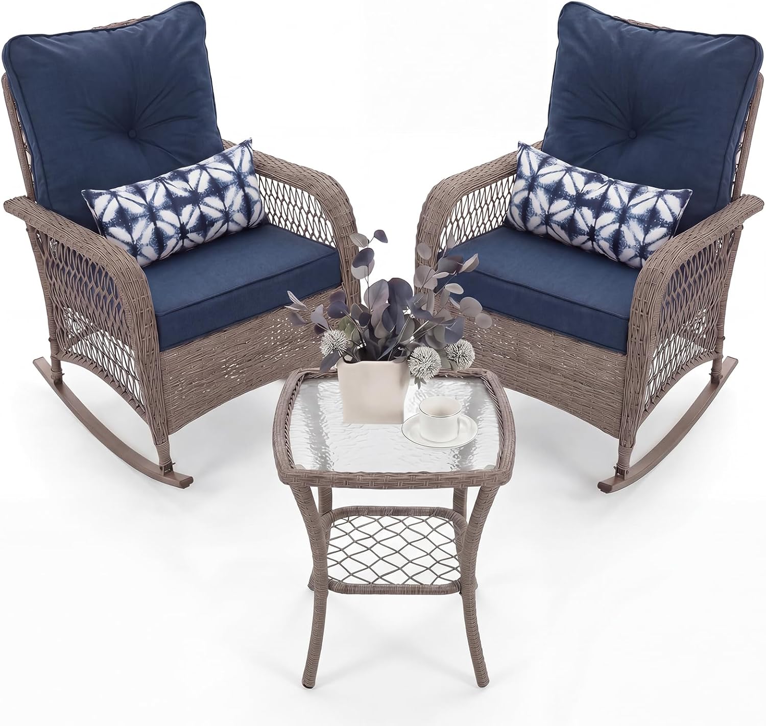 UDPATIO Rocking Chair Outdoor Set 2 with Coffee Table, 3 Piece Wicker Rocking Bistro Set with 4" Water-Resistant Cushions, Oversized, 350lbs Heavy-Duty, for Porch, Patio, Balcony, Brown/Navy