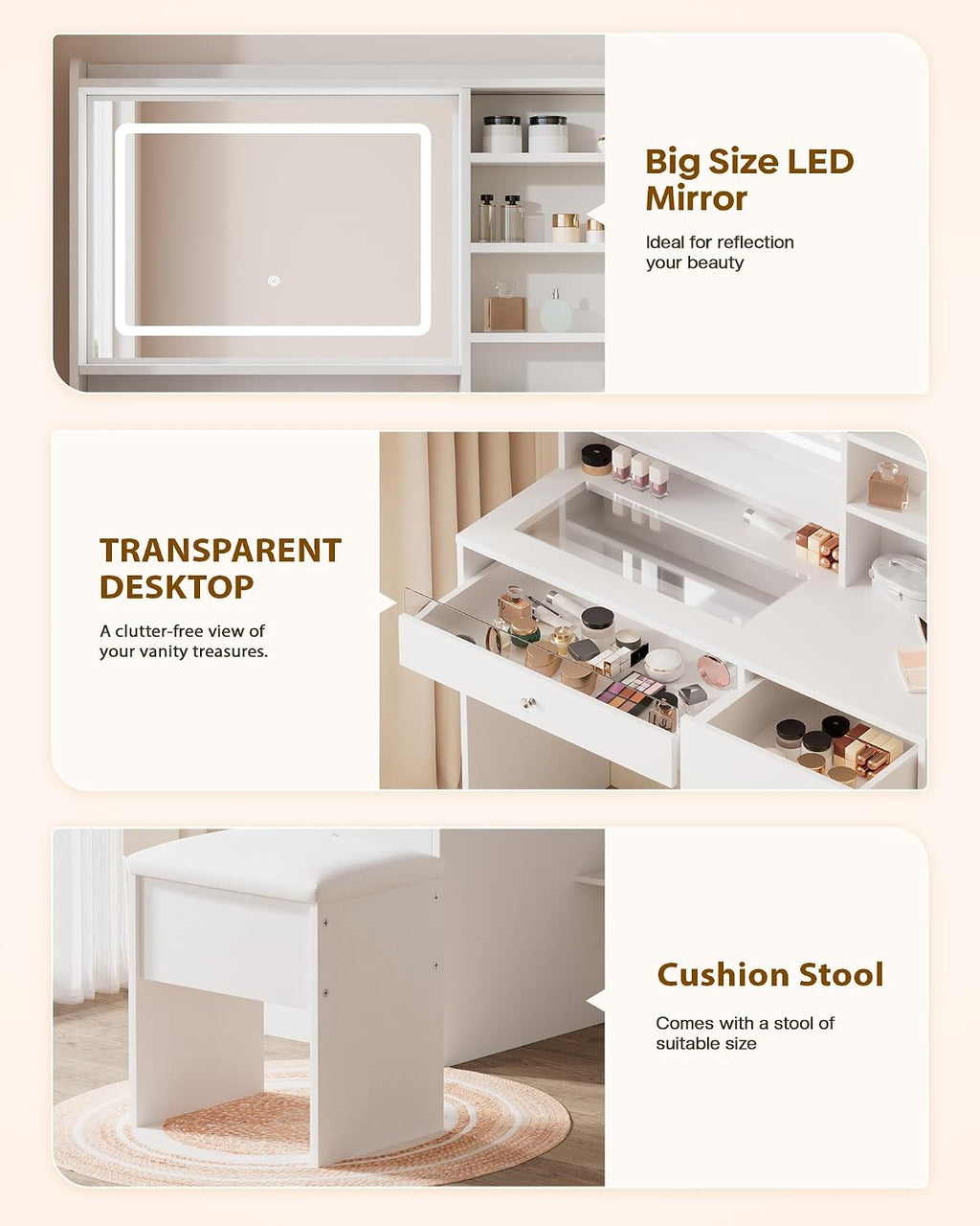 LIVELYGLOW 39.4" White Vanity Desk Set with Glass Desktop & RGB Light Strip | Smart LED Mirror, Charging Station, Cushioned Stool, Hairdryer Rack, 4 Drawers