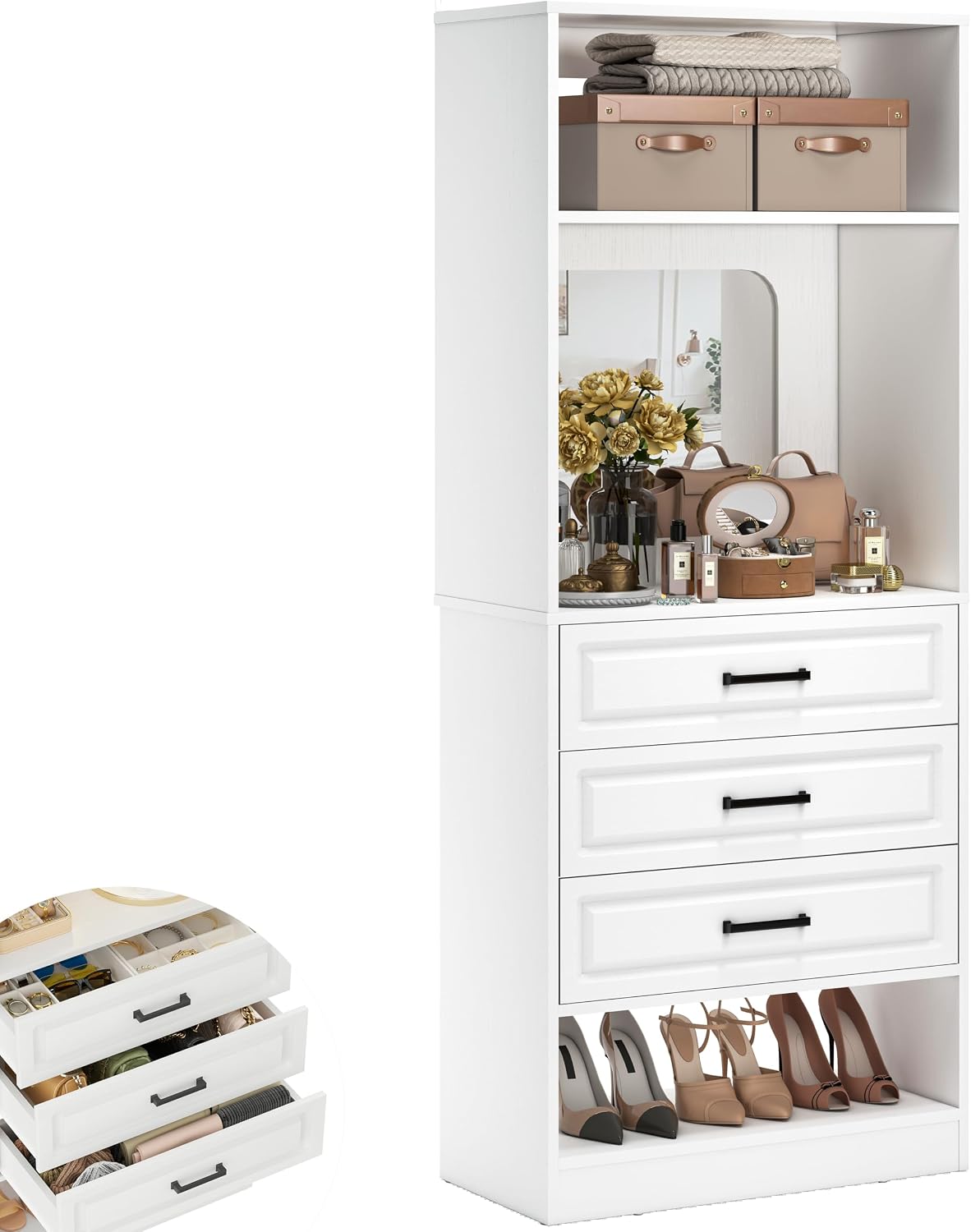 Unikito 25" Closet System with 3 Drawers and Mirror, Wardrobe, White | Freestanding storage shelves organizer, sturdy wood walk-in closet systems for small closets, 25" W x 16" D x 80" H.