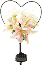 Starryfill Garden Solar Lights Outdoor Heart-Shaped with White Lily Flowers, Metal Stake Lights with 25led Warm White Decorative for Remembrance Gifts Cemetery Decorations Birthday's Day