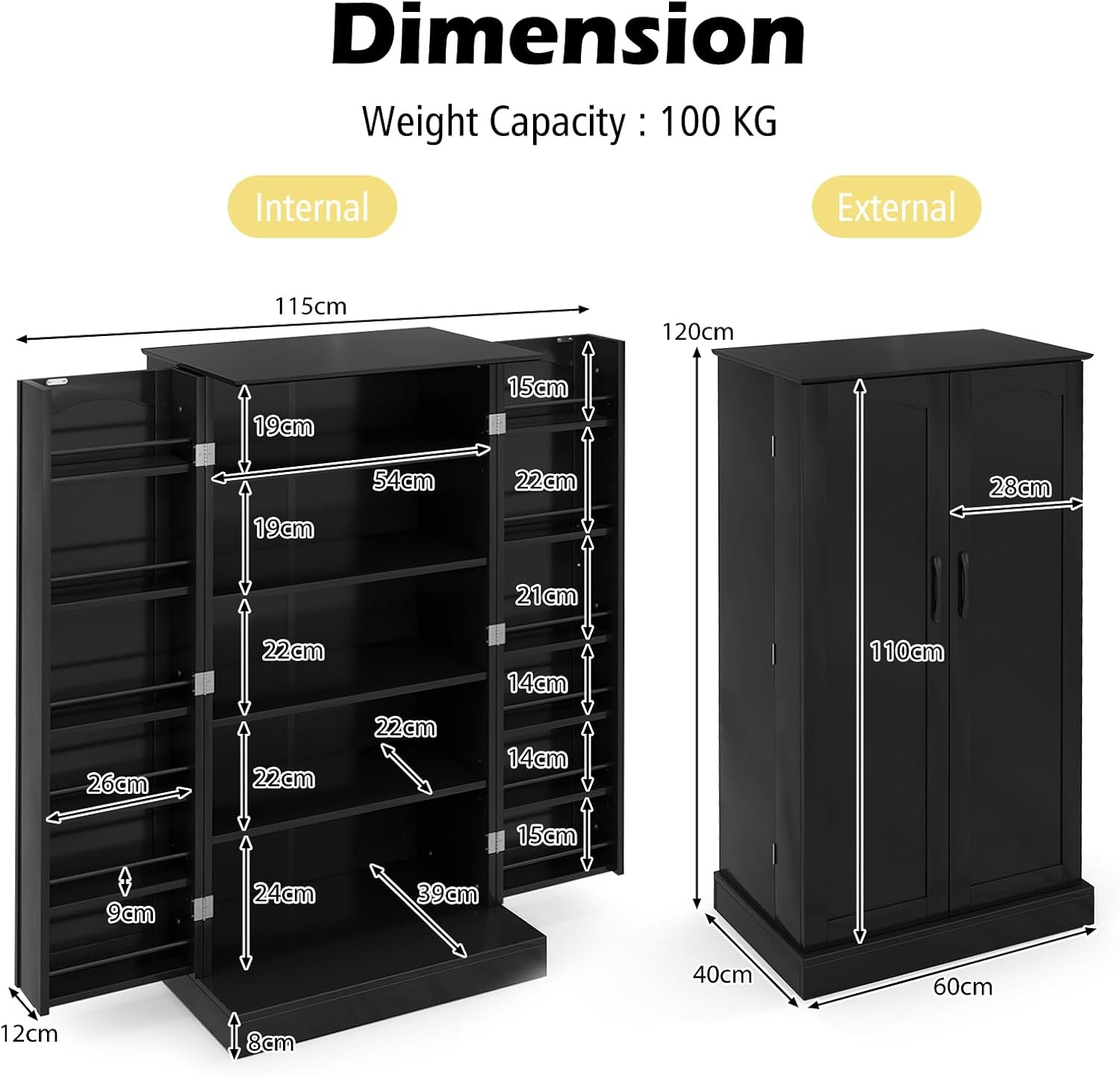 GiantexUK Kitchen Cupboard, Wooden Buffet Pantry Cabinet with 17 Shelves and 2 Doors, Multifunctional Storage Organizer for Living Room Dinning Room (Black, 60 x 40 x 120cm)