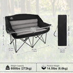 Fully Padded Folding Double Camping Chairs,Comfy Oversized Loveseat Lawn Chair w/Wine Glass Holder,Cup Holder,Heavy Duty Outdoor Portable Camp Couch Support 600 Lbs,Black