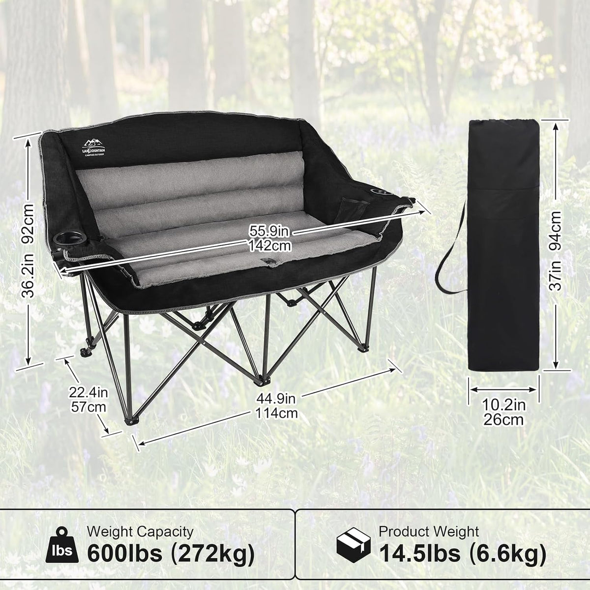 Fully Padded Folding Double Camping Chairs,Comfy Oversized Loveseat Lawn Chair w/Wine Glass Holder,Cup Holder,Heavy Duty Outdoor Portable Camp Couch Support 600 Lbs,Black