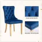 Velvet Dining Chairs Set of 6, Tufted Upholstered High Wingback Chairs with Nailhead Trim & Pull Ring, Golden Stainless Steel Legs for Dining Room, Sillas de Comedor, Blue
