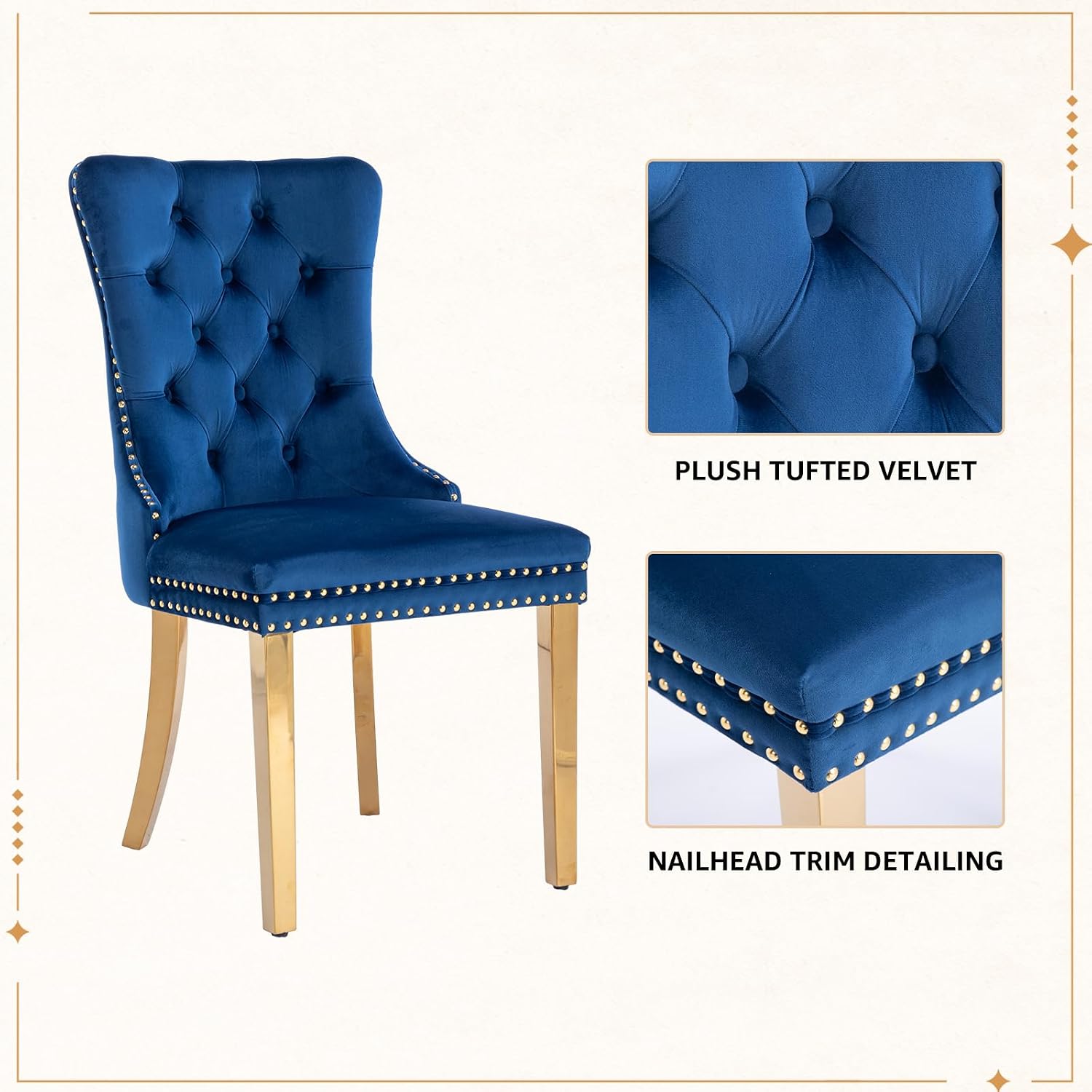 Velvet Dining Chairs Set of 6, Tufted Upholstered High Wingback Chairs with Nailhead Trim & Pull Ring, Golden Stainless Steel Legs for Dining Room, Sillas de Comedor, Blue
