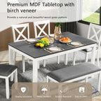 Merax 6-Piece Farmhouse Dining Table Set with Chairs and Bench, Wood Kitchen Table Set for 4-6, Rectangular Kitchen Dining Table for Dining Room, Kitchen, Small Apartment, White