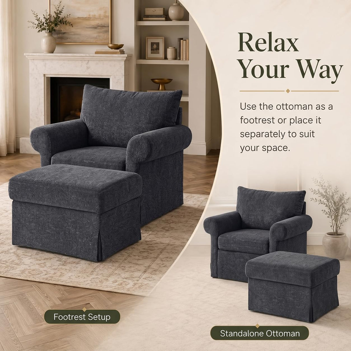 35.82" Oversized Accent Chair with Ottoman, Chenille Armchair, Gray | Accent Chair with Ottoman Set; Deep seat for relaxing; soft chenille; comfy back support; footrest ottoman; living room