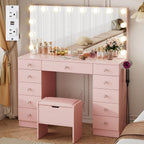 VOWNER Vanity with Lighted Mirror - Makeup Vanity Desk with Lights | Women Vanity with 11 Drawers, 3 Color Lighting Modes Adjustable Brightness, 46" Makeup Desk with Stool for Bedroom, Pink