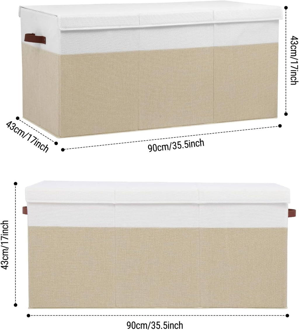 Extra Large Toy Storage Box with Lid,Toy Chest Bin Basket with Dividers | Sturdy Toy Organizer Bin for Kids, Boys, Girls, Nursery, Closet, Bedroom, Playroom 35.5"x17" x17" (Beige and White)