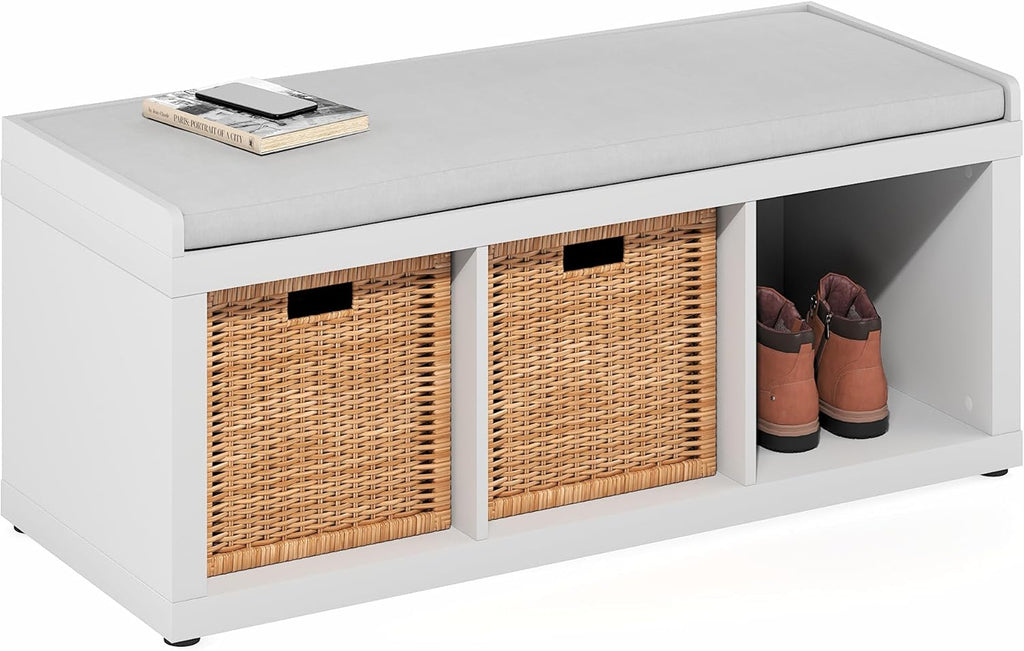 Furinno Cubicle Storage Bench, Shoe Bench with Padded Seat Cushion, 3-Cube Open Shelves Entryway Bench, for Closet, Entryway, Living Room, White