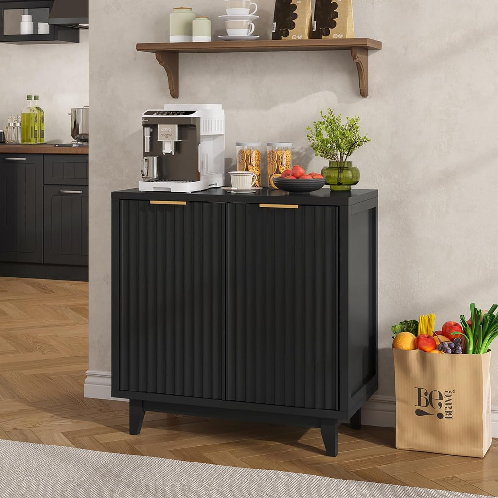 Vabches Modern Fluted Buffet Cabinet with Storage, 31.5" W Sideboard with Solid Wood Legs and Adjustable Shelf, Black Accent Cabinet for Kitchen, Living Room