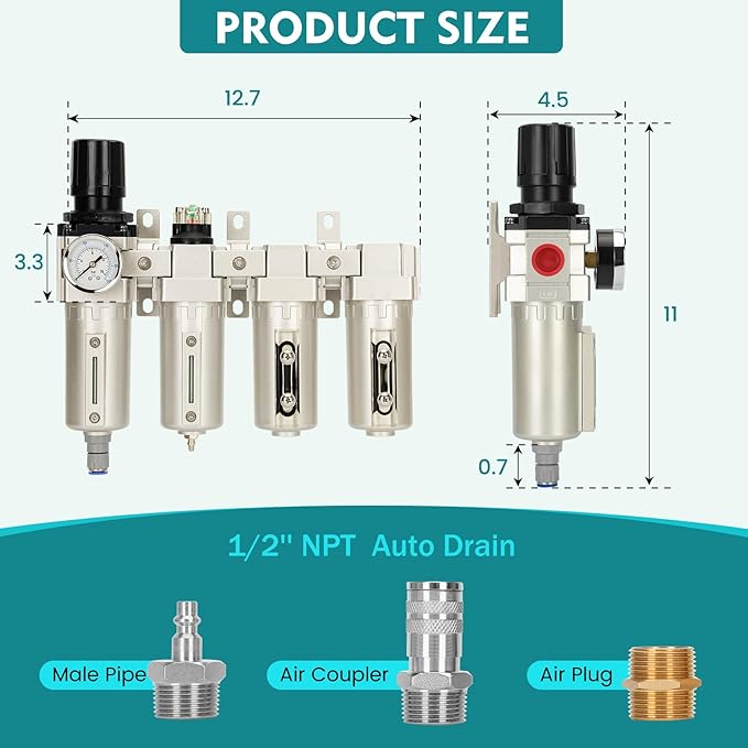 1/2" NPT Industrial Air Dryer for Compressor,4 Stage Air Compressor Water Separator System,Filter Oil Water Separator Dryer for Plasma Cutter and Paint Spray,Auto Drain