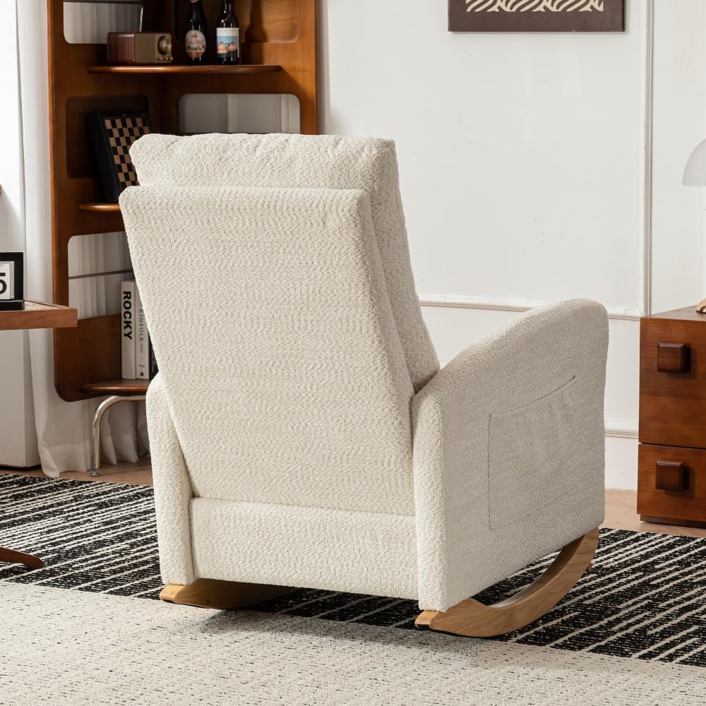 Chair with Footrest High Back Rubber Wood Rocking Legs Bedroom Living Space (Beige + Wood)