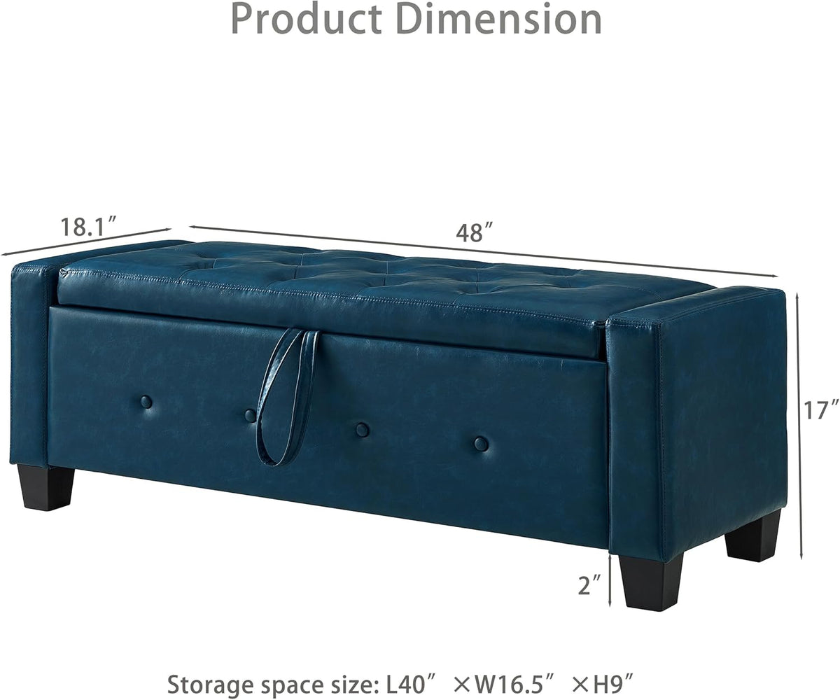 Betoko PU Leather Ottoman Bench with Storage,48" Mid Century Modern Storage Bed Bench for Bedroom,Button Tufted Ottoman Benches with Seating for Living Room,Entryway,Window (PU Blue)