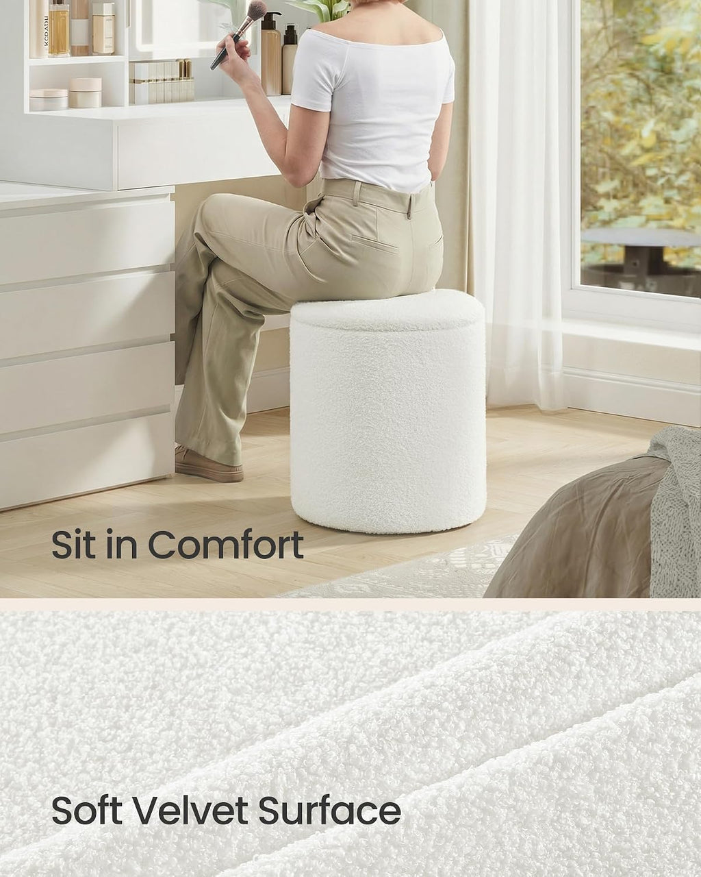 SONGMICS Vanity Stool, Set of 2, Round Storage Ottoman, Teddy Fleece | Small Coffee Table, Removable Lid, Easy Assembly, for Living Room, Bedroom, Cream White, ISLAND Collection ULOM013WD01