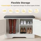 Shoe Bench 28" Wide, Entryway Bench with Padded Seat Cushion, Spacious Shoe Storage Benches with 2 Doors & Adjustable Shelf for Entryway, Bedroom, Living Room, White