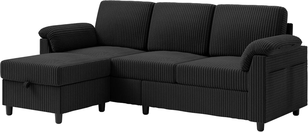 Vongrasig Convertible Sectional Couches, 3 Seat L Shaped Couch Sofa with Removable Pillows Soft Corduroy Fabric Small Couch Mid Century for Living Room, Apartment and Office (Black)