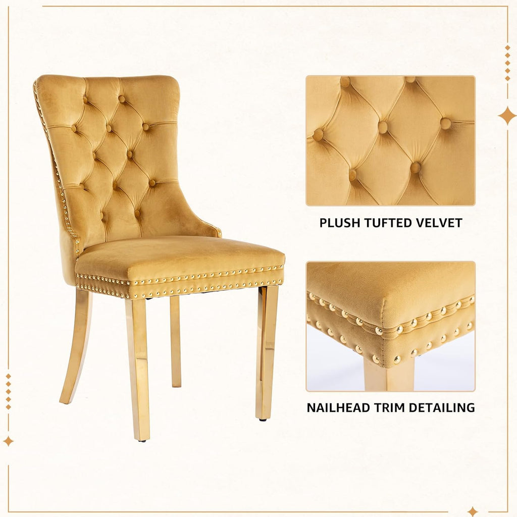 Velvet Dining Chairs Set of 4, Tufted Upholstered High Wingback Chairs with Nailhead Trim & Pull Ring, Golden Stainless Steel Legs for Dining Room, Sillas de Comedor, Gold