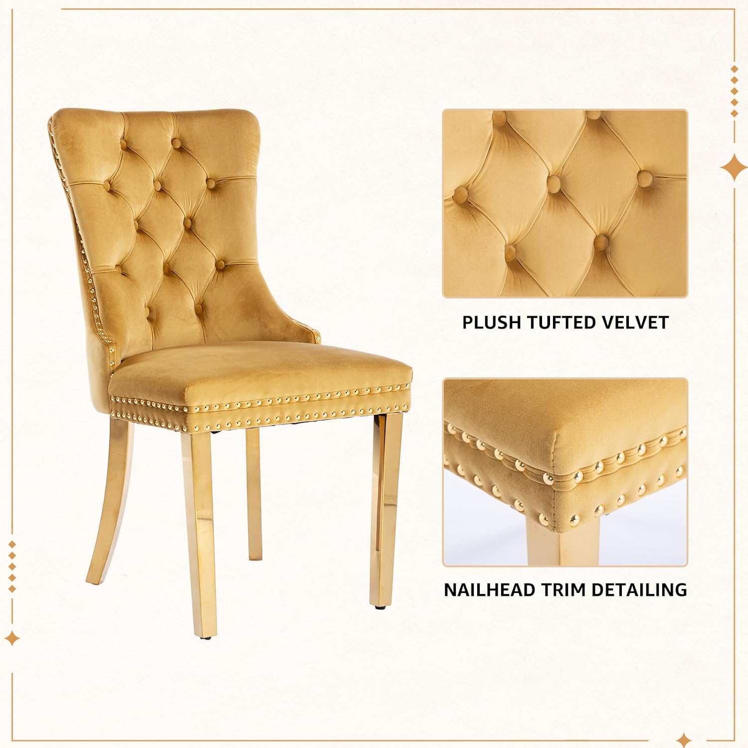Velvet Dining Chairs Set of 4, Tufted Upholstered High Wingback Chairs with Nailhead Trim & Pull Ring, Golden Stainless Steel Legs for Dining Room, Sillas de Comedor, Gold