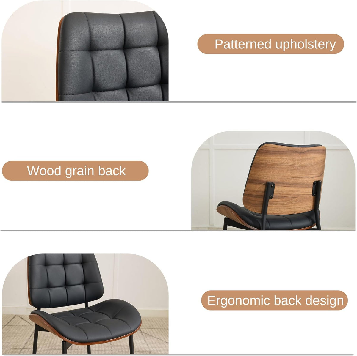 Upholstered Dining Chairs Set of 6, Mid Century Modern Faux Leather Dining Chairs with Walnut Bentwood Back and Metal Legs for Dining Room, Restaurant, Café, Black