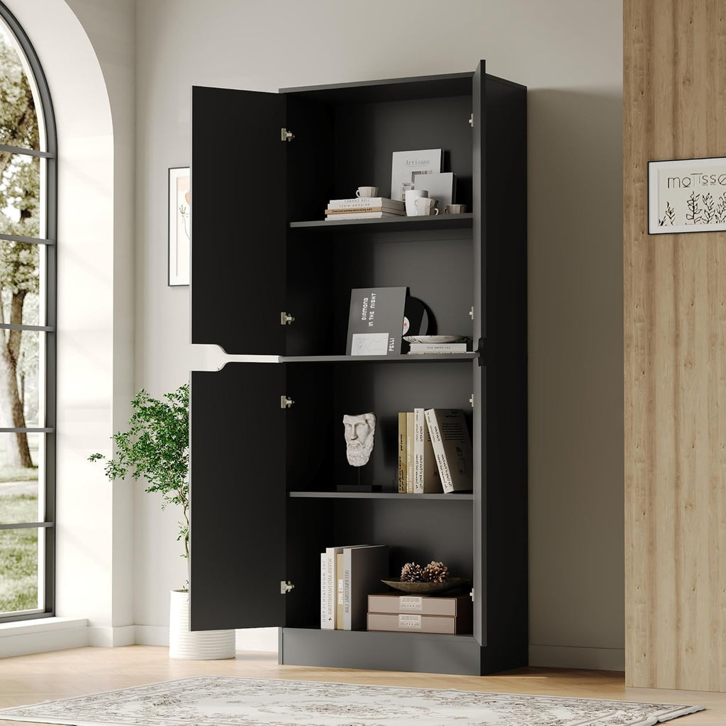 Housoul 71" Tall Freestanding Kitchen Pantry Cabinet, 4 Doors Freestanding Cupboard with Adjustable Shelves, Kitchen Hutch Cabinet for Kitchen, Dining Room, Black