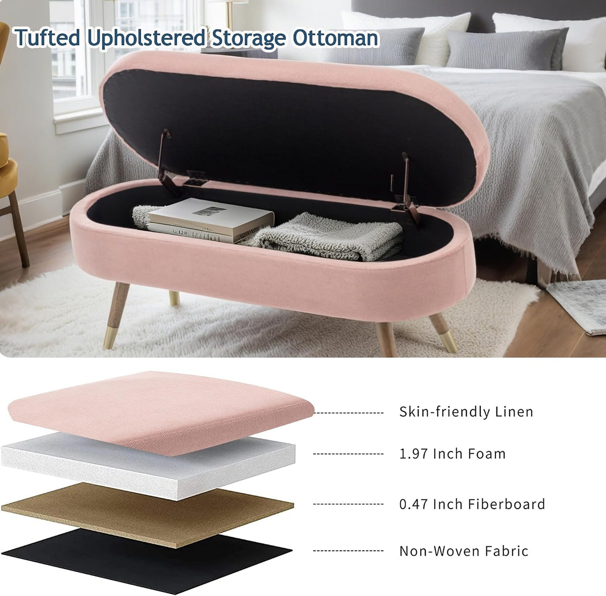 IAFIKE Oval Storage Bench 43.5" Ottoman Bench Upholstered Boucle Fabric Footrest Bench with Golden Metal Legs End of Bed for Bedroom, Living Room, Entryway,Bed Side (Pink)