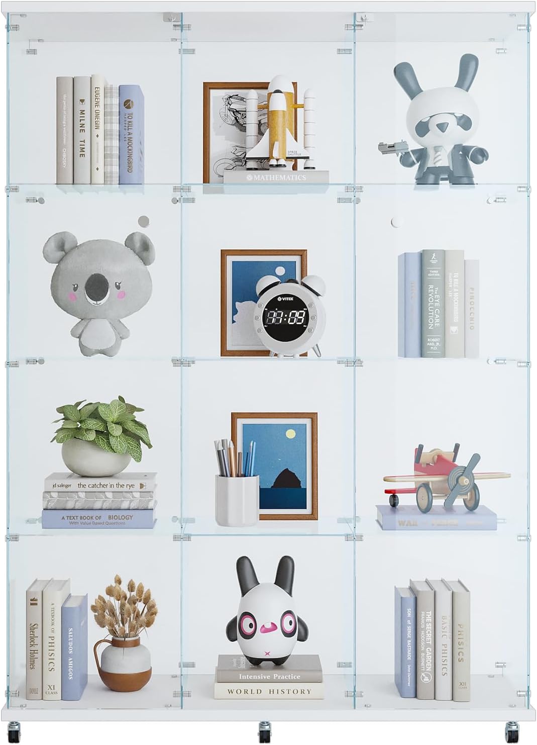 4 Shelves Glass Display Cabinet with 2 Doors Extra Large Display Case Curio Cabinets with Whees & Lock,Glass Bookshelf Storage Collection Display Case for Living Room,47.71"W x 14.37" D x 66.53"H