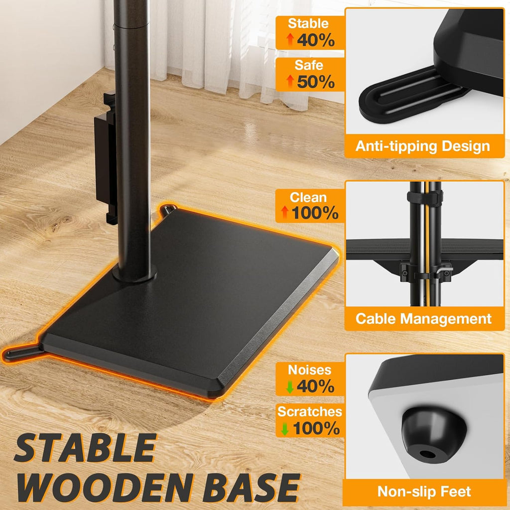 TVON Floor TV Stand with Power Outlet for 32-65 inch TVs up to 88 lbs | Swivel TV Mount Stand with Height Adjustment and Safety Wood Base for Bedroom, Office, Corner, Max VESA 400x400mm, Black