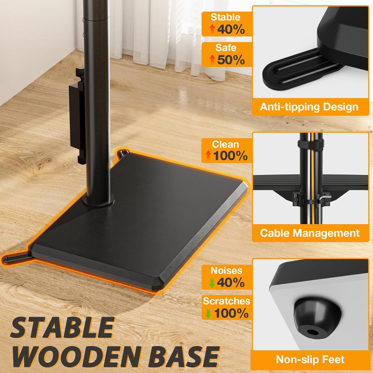 TVON Floor TV Stand with Power Outlet for 32-65 inch TVs up to 88 lbs | Swivel TV Mount Stand with Height Adjustment and Safety Wood Base for Bedroom, Office, Corner, Max VESA 400x400mm, Black
