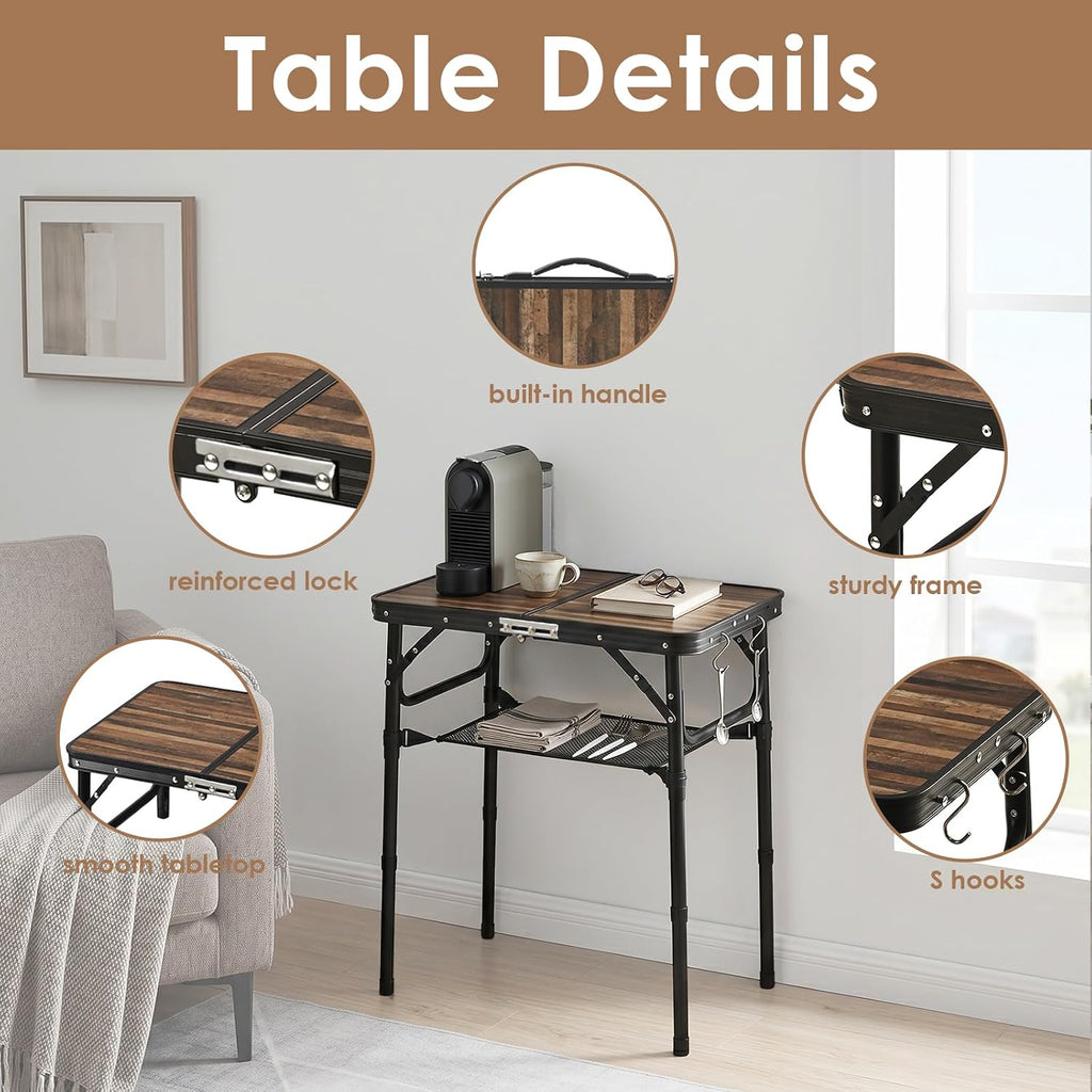 Folding TV Dinner Tray Table, Adjustable Height Sofa Snack Table | Portable Table with Storage Net, Lightweight Aluminum Couch End Table for Living Room, Bedroom, Camping, Patio, Rustic Brown