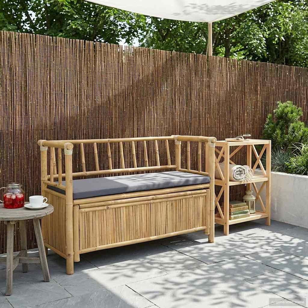 Bamboo Garden Storage Bench 110 x 47 x 80 cm, Outdoor Seat with Hidden Compartment, Natural Finish Post Leg Design for Patio or Indoor Use