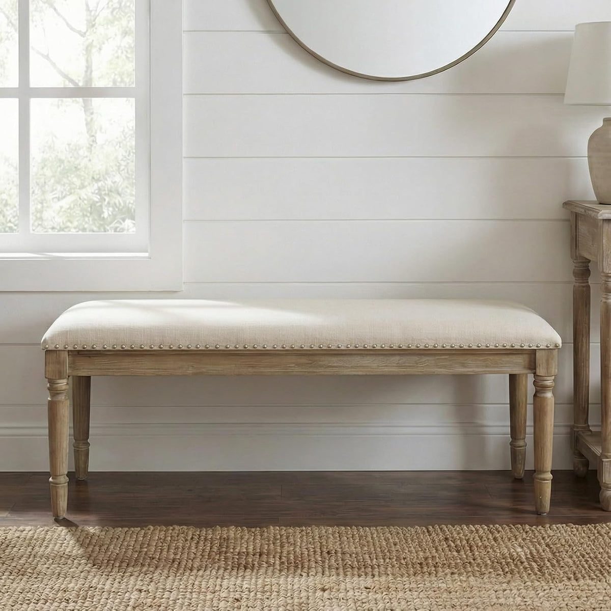 chairus Farmhouse Dining Bench 46" Wooden Entryway Bench with Padded Seat and Nailhead Trim for Kitchen Bedroom,Indoor and Hallway, Beige Linen