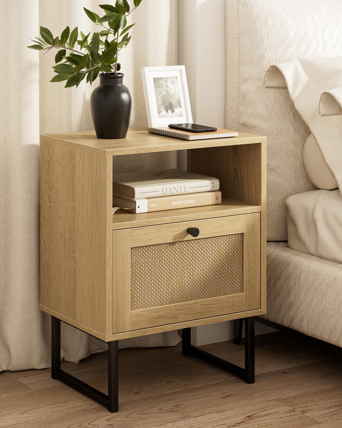 Masupu Extra Large Rattan Nightstand,Modern Boho Farmhouse Wood Bedside Table with Storage Drawer and Open Shelf, Black Frame Side End Table for Bedroom,Living Room,Office (Natural)