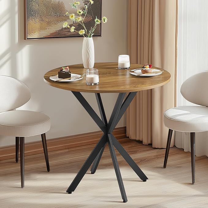 Unovivy 31.5" Small Round Dining Table for 2-4, Space Saving Circle Kitchen Dinner Table, Industrial Mid Century Modern Dining Room Desk for Kitchen, Apartment, Light Brown