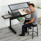 Drafting Desk with Stool, Upgraded Hand Crank Adjustable Height Art Table with Storage, 0-75° Tilting Glass Tabletop Drawing Table for Artists, Ergonomic Design for Painting, Sketching, Black