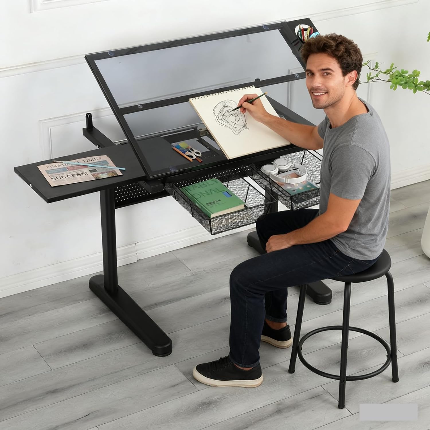 Drafting Desk with Stool, Upgraded Hand Crank Adjustable Height Art Table with Storage, 0-75° Tilting Glass Tabletop Drawing Table for Artists, Ergonomic Design for Painting, Sketching, Black
