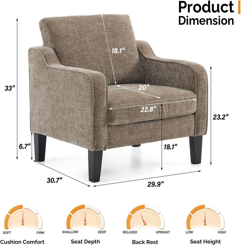 VINGLI Light Brown Accent Chair, Upholstered Armchair for Living Room | Chenille Reading Chair for Bedroom, Modern Traditional Sofa Chair, Comfy Chair for Small Space, Apartment, Waiting Room