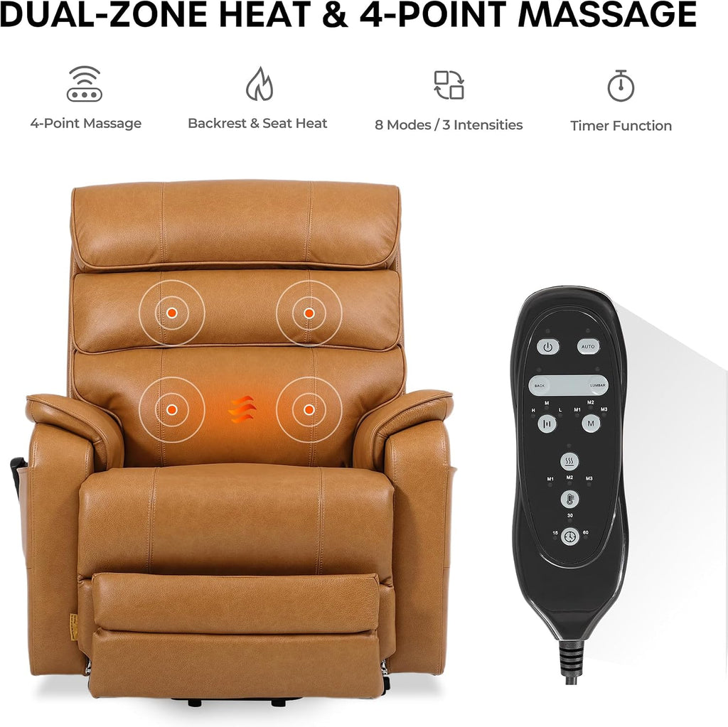 DYNOX 400 LBS Genuine Leather Big Tall Man Large-Wide Power Dual Motor Lift Recliners Chairs for Elderly, Lay Flat with Heat, Massage & Extended Footrest(9298L,Camel)