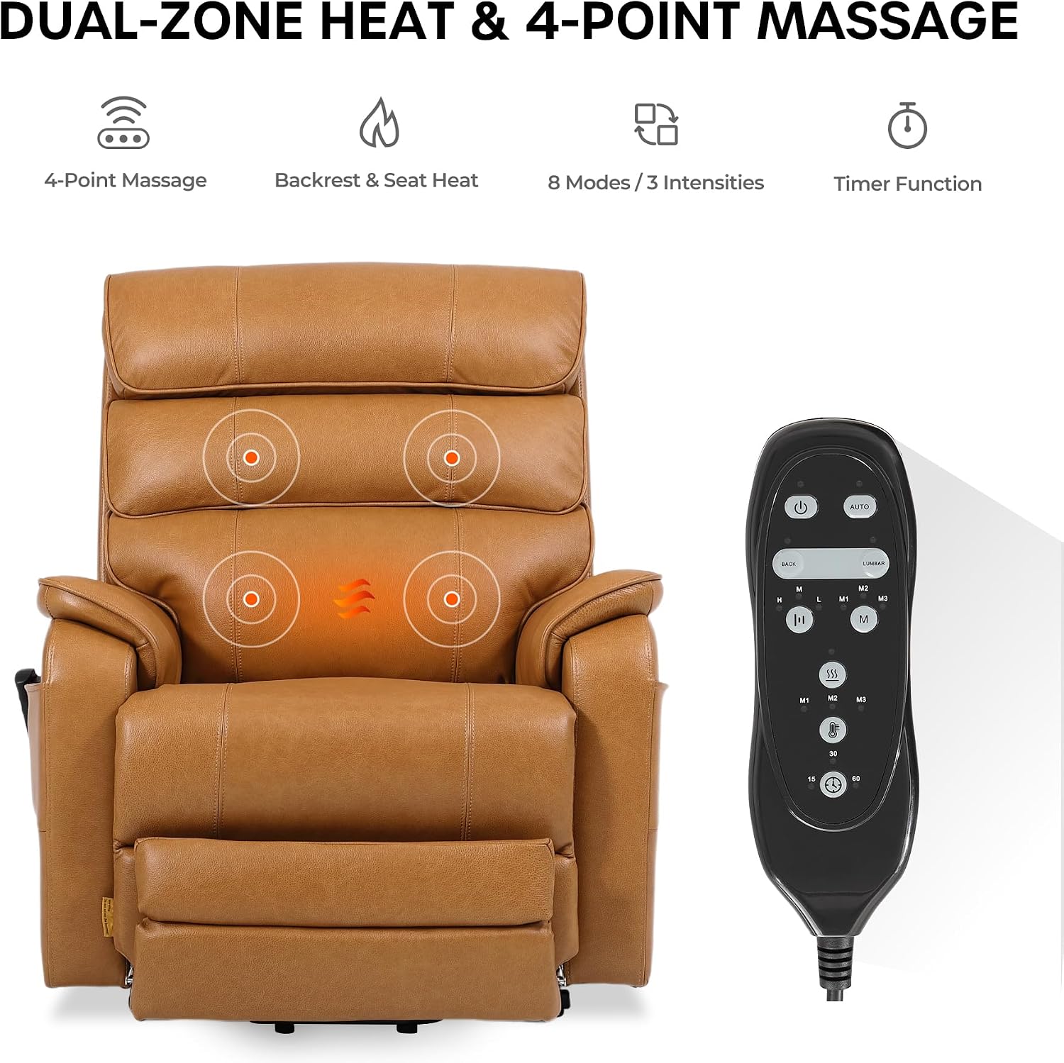 DYNOX 400 LBS Genuine Leather Big Tall Man Large-Wide Power Dual Motor Lift Recliners Chairs for Elderly, Lay Flat with Heat, Massage & Extended Footrest(9298L,Camel)