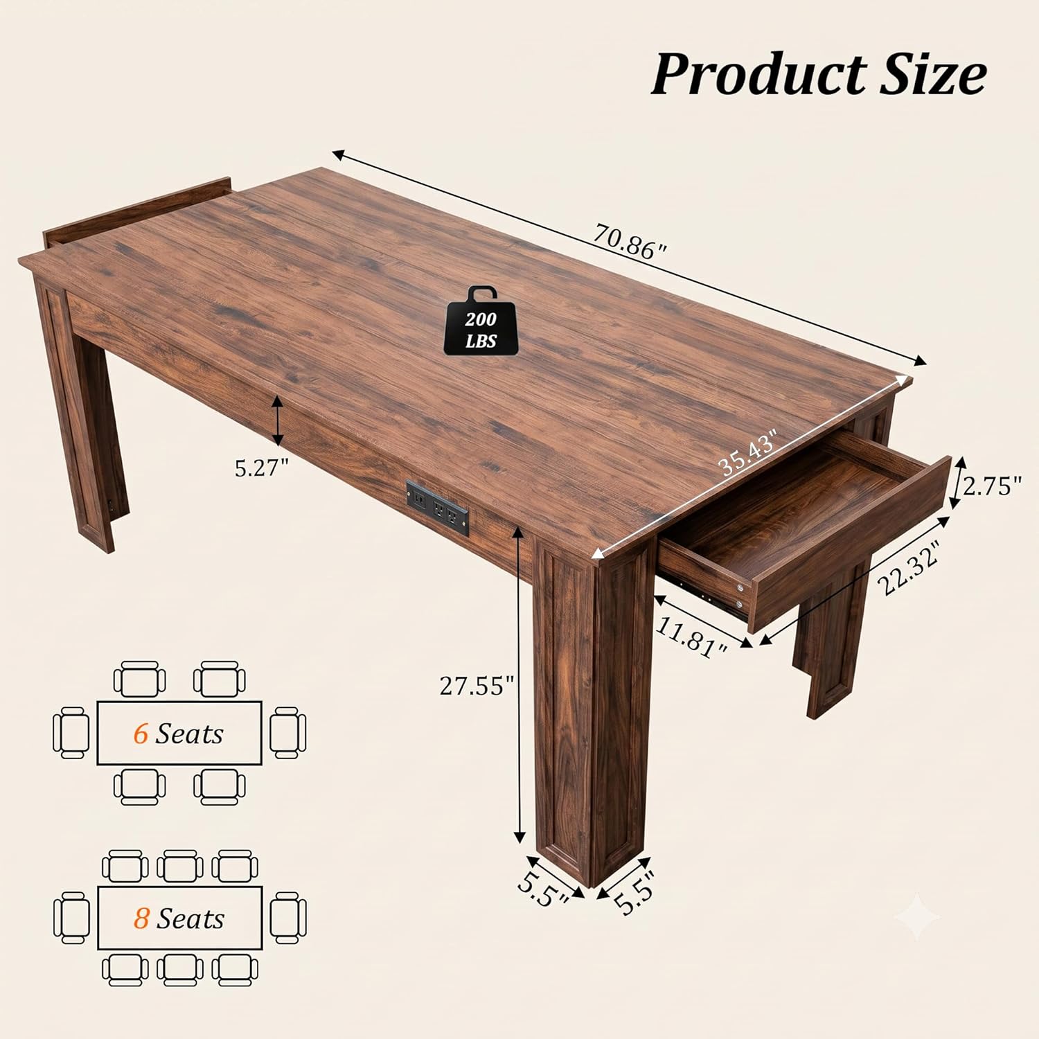 Farmhouse Dining Table for 6-8 People, 71-Inch Wooden Kitchen Table with 2 Drawers,Rectangular Dining Table with Charging Station for Dining Room, Kitchen, Home Office,Walnut Wood