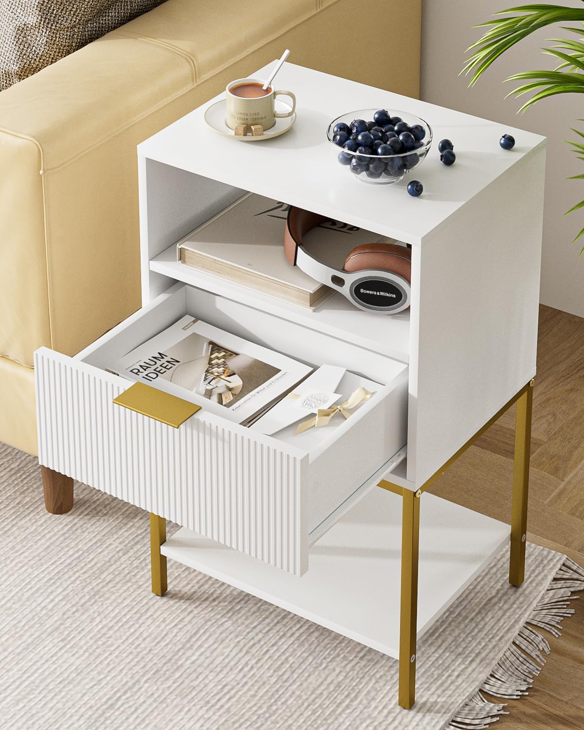 Nightstand,Modern Bedside Table with One Drawer and Two Shelf，White Night Stand，Tall End Table with Gold Frame for Bedroom,Living Room,Wave