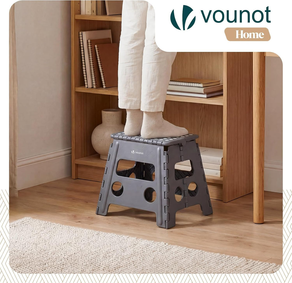 VOUNOT® Folding Step Stool, Portable Stepping Stool with Carrying Handle, Anti-Slip Folding Stool for Bathroom, Garden, Camping, Home, 37 x 30 x 32.5 cm, Grey