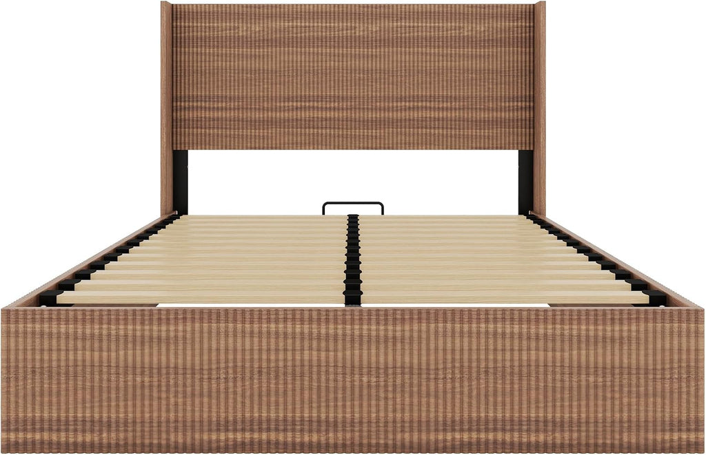 Lift Up Storage Bed Queen Size, Queen Bed Frame with Headboard and Lift Storage System, Wood Headboard with Wing-Back and Convex Groove Board Design
