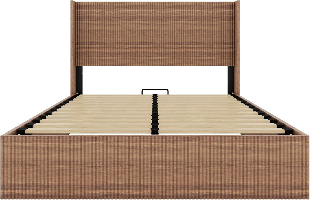 Lift Up Storage Bed Queen Size, Queen Bed Frame with Headboard and Lift Storage System, Wood Headboard with Wing-Back and Convex Groove Board Design