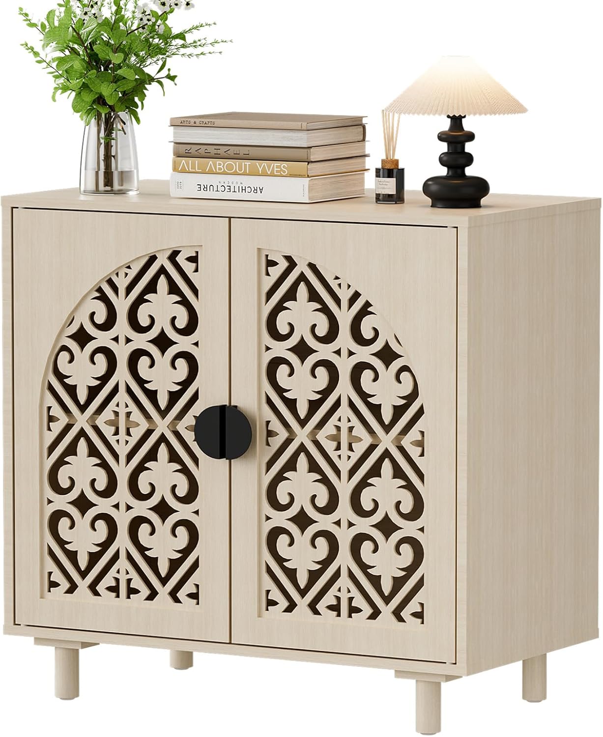 Boho Sideboard Buffet Cabinet, Decorative Storage Cabinet with Doors and Shelves, Wood Entryway Cabinet with Hollow Carving Design for Living Room, Kitchen,Hallway, Natural Wood