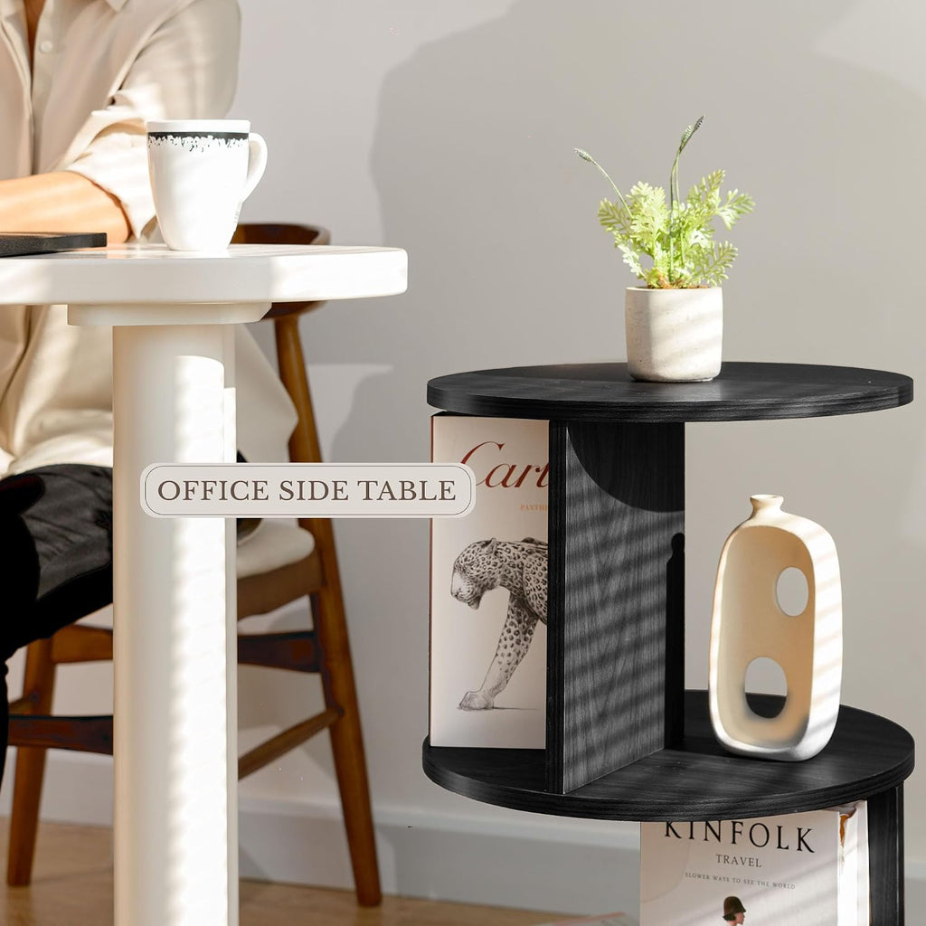 KAYMILY Round End Tables, Mid Century Modern 3 Tier Side Table for Living Room, Bedroom, Office, 25" Tall Accent Nightstand with Open Storage Shelves, Easy Assembly, MDF Wood - Rotating - Black