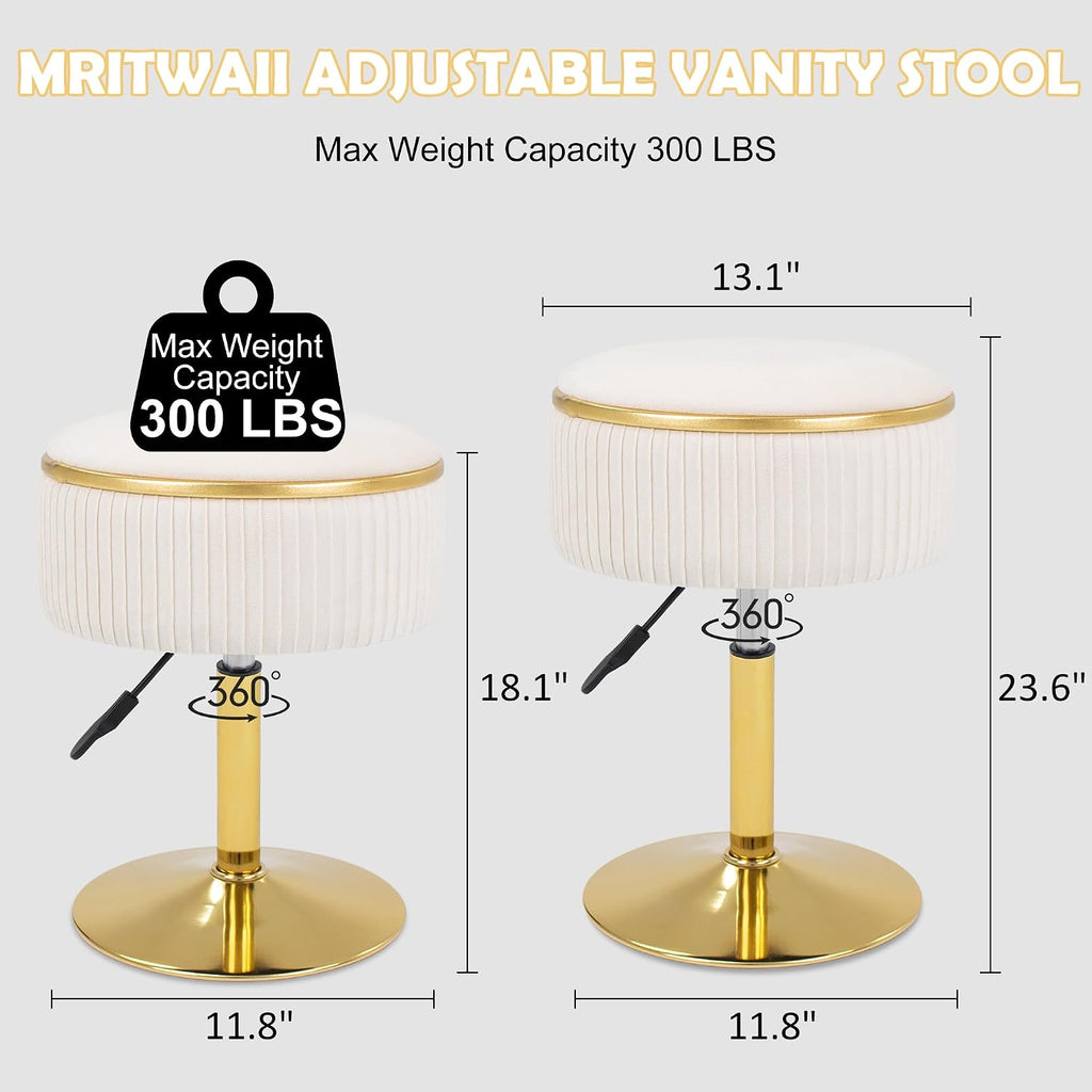 Adjustable Vanity Stool, Velvet Makeup Stool with Storage Beige | Small Vanity Chair, 360° Swivel Round Ottoman with Gold Base for Living Room, Bedroom